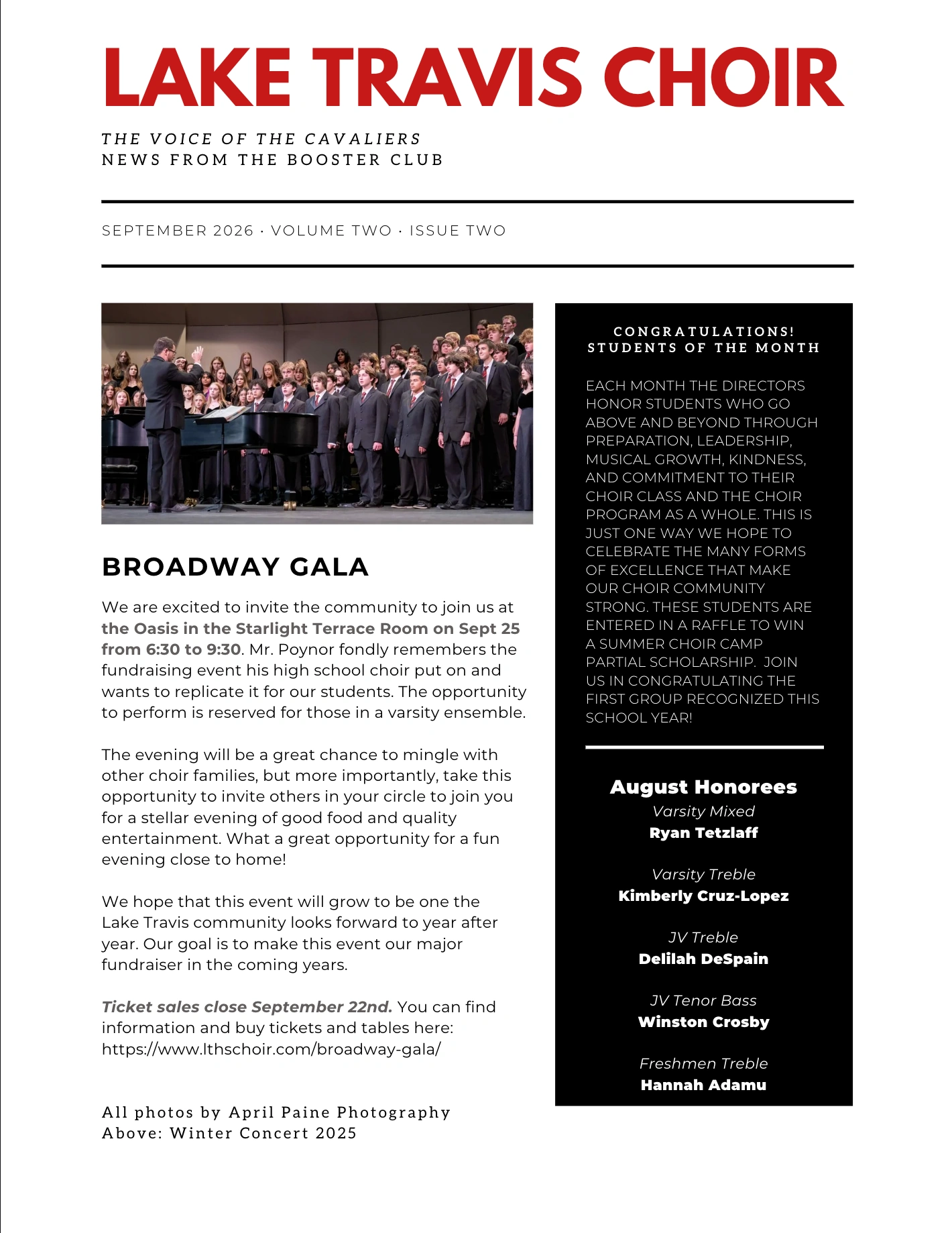 September 2026 newsletter, page 1: Broadway Gala details and August Students of the Month, with a Winter Concert photo. Full text is available above.