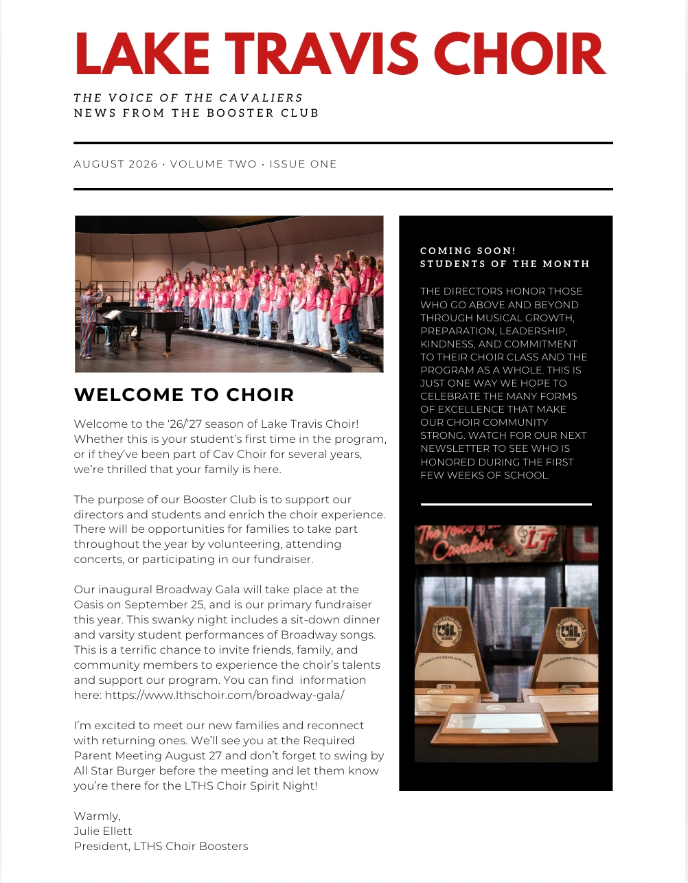August 2026 newsletter, page 1: welcome to choir, Broadway Gala, and upcoming Students of the Month recognition. Full text is available above.
