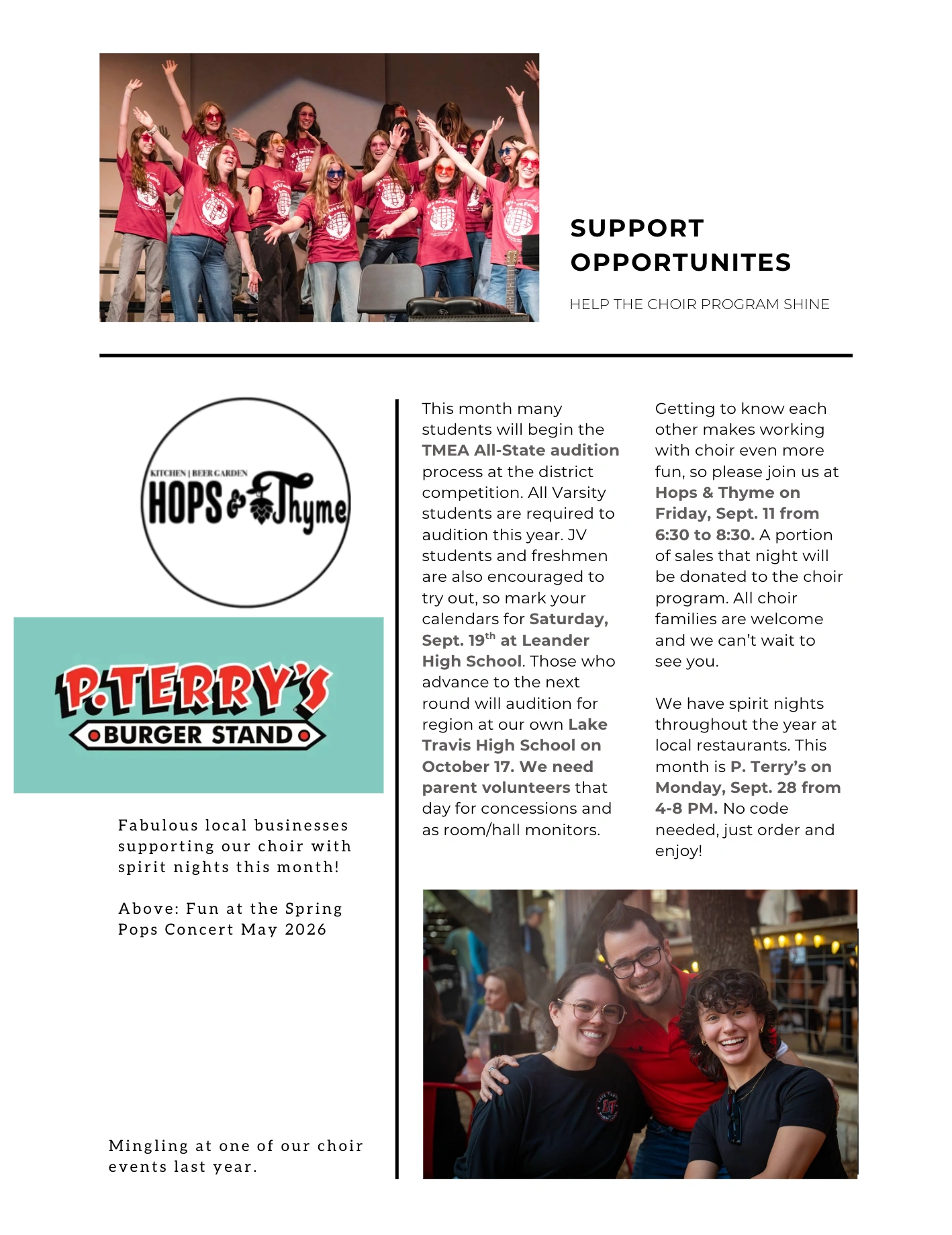 September 2026 newsletter, page 2: All-State auditions, volunteer opportunities, family social, and spirit nights. Full text is available above.