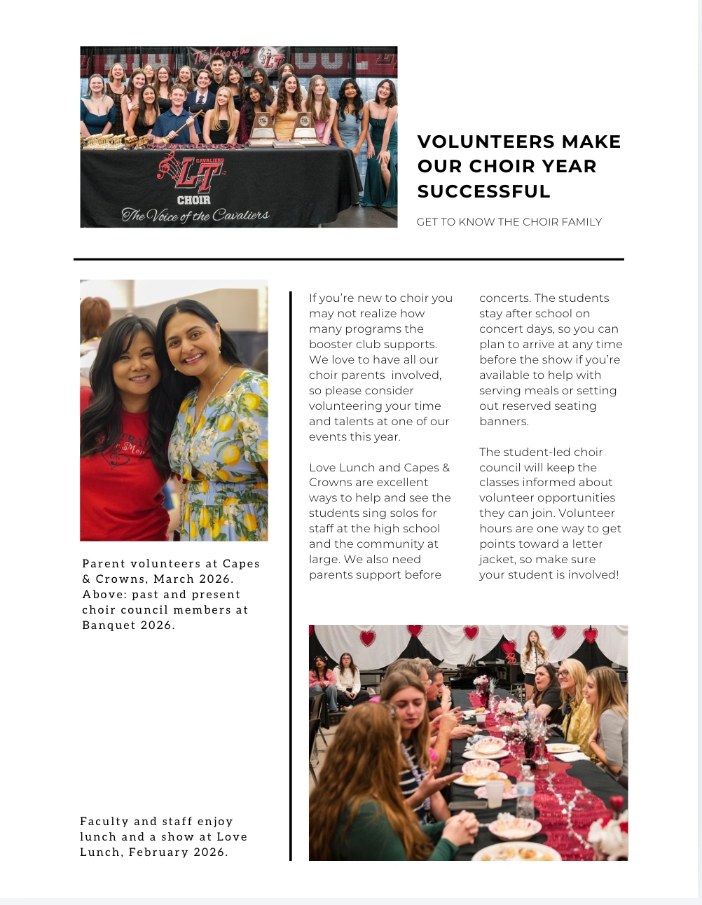 August 2026 newsletter, page 2: volunteer opportunities, with photos of choir council members, parent volunteers, and Love Lunch. Full text is available above.