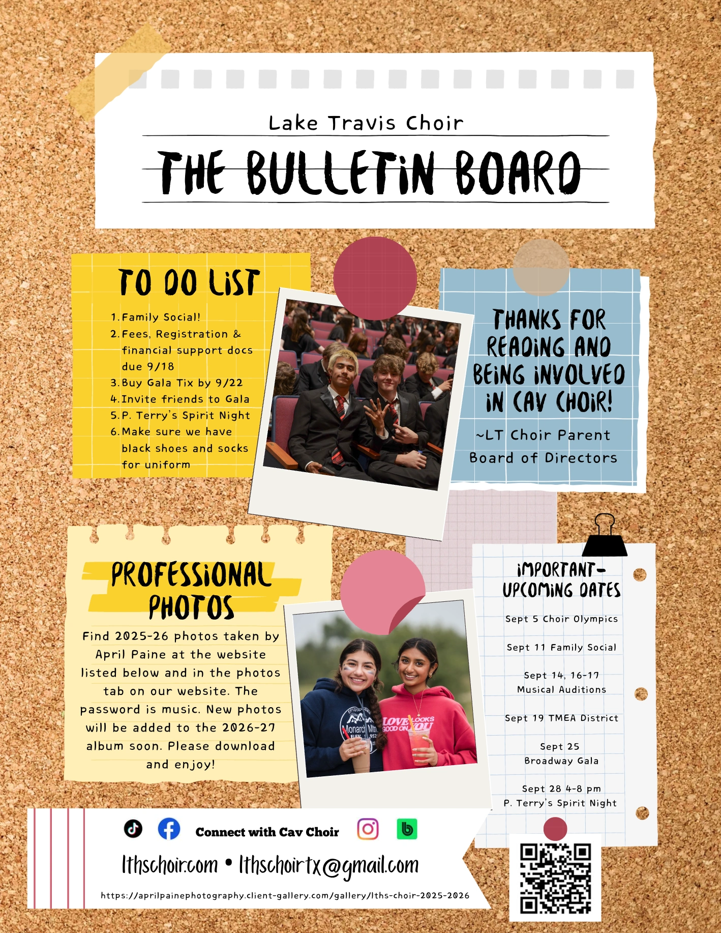September 2026 newsletter, page 3: the bulletin board, registration and ticket deadlines, professional photos, and upcoming dates. Full text is available above.